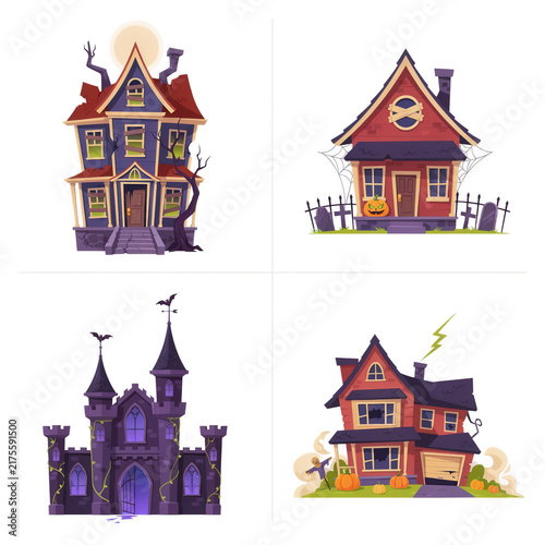 Spooky Halloween houses with pumpkins and bats during twilight isolated on transparent background