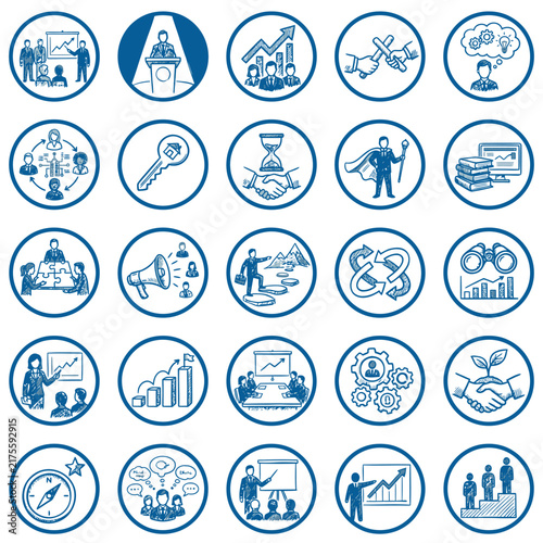 Various circular icons represent key business concepts such as growth, teamwork, and strategic planning, providing visual aids for understanding essential professional elements.