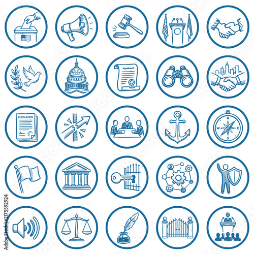A series of illustrated icons representing democratic processes, law, and governance effectively captures the fundamental aspects of civic engagement and public administration.