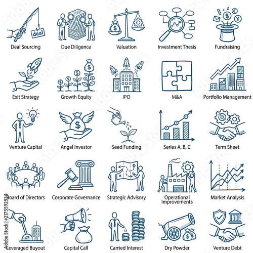 Icons representing various financial services including banking, investments, and trading technologies illustrate the diverse aspects of modern finance and business operations effectively.