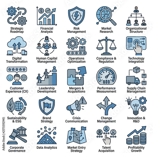 Diverse icons representing management and operational strategies are depicted, highlighting essential functions for effective organizational performance in various industries.