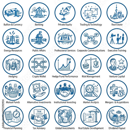 Icons representing various financial services including banking, investments, and trading technologies illustrate the diverse aspects of modern finance and business operations effectively.