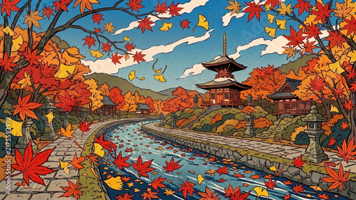 紅葉と銀杏の葉が浮かぶ小川と三重塔を描いた秋の和風庭園イラスト