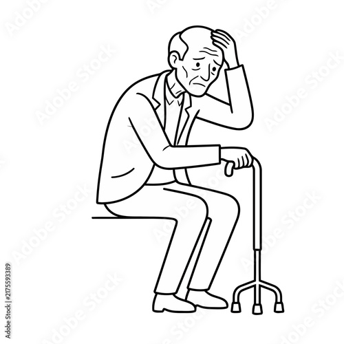 Sad old man with cane sitting