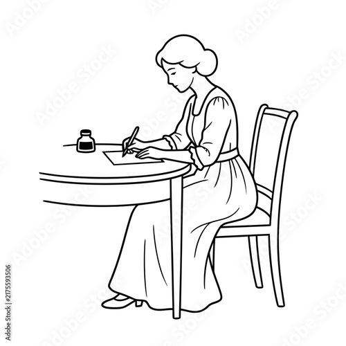 Woman writing at a table with inkwell