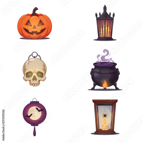 Spooky Halloween icons including jack-o-lantern lantern skull cauldron and spider web in flat design style Isolated on transparent background