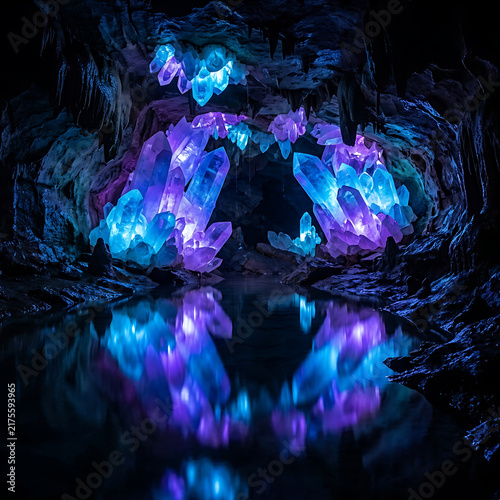 Luminous crystal formations in a cavern pool with vibrant blue and purple illumination reflecting below