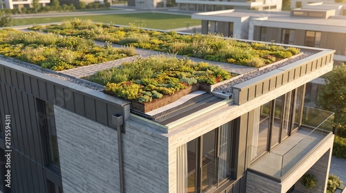green roof cross section on modern building for urban heat adaptation - ai generated