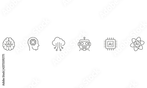 Artificial intelligence AI line icon set with AI brain, robot head, cloud computing, and microchip symbols.