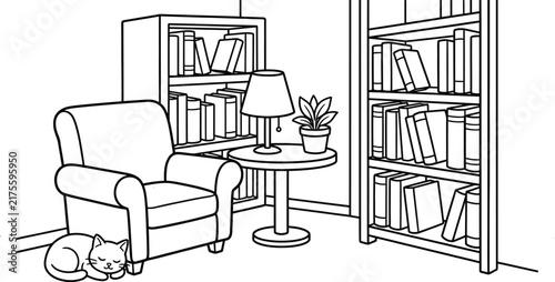A cozy reading nook with a comfortable armchair bookshelf and a small table with a lamp perfect for coloring