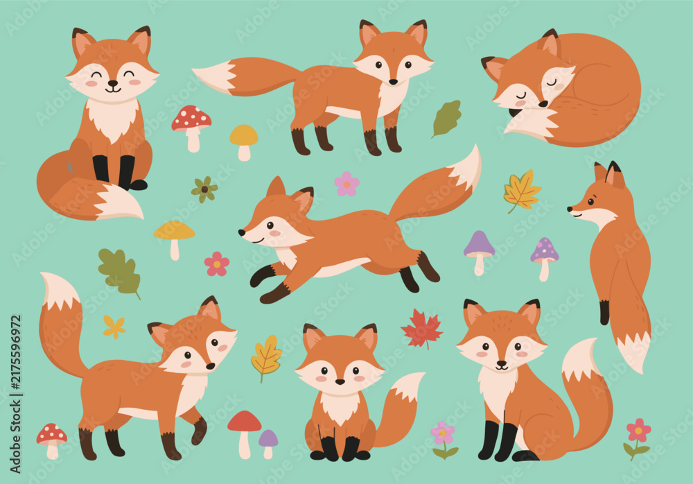 Fototapeta premium Cute Woodland Fox Character Vector Set Featuring Red Foxes in Various Poses Sitting Sleeping Running Walking with Mushrooms Flowers and Autumn Leaves for Forest Graphic Designs