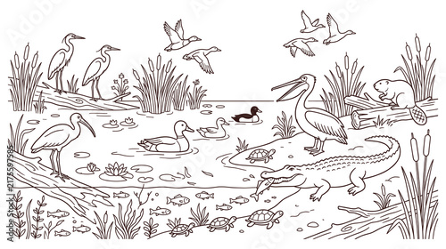 Foto Wetland ecosystem coloring page wildlife river bank outline art.