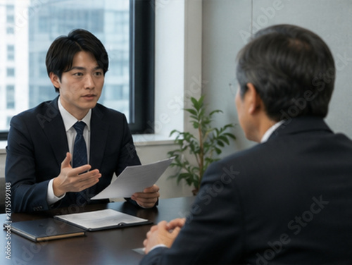 Tapety artystyczne 給与交渉,年収交渉,賃金交渉,給料交渉,昇給交渉,給与,日本人会社員,会社員,上司,部下,管理職,社員,オフィス,個室,面談,人事面談,評価面談,給与面談,昇給,賃上げ,年収,給料,賃金,報酬,待遇,労働条件,雇用条件,人事評価,査定,昇進,キャリアアップ,交渉,相談,話し合い,ビジネス,仕事,職場,企業,会社,雇用,契約,労働契約,成果,実績,スキル,日本人男性,日本人女性,写真素材,キャリア