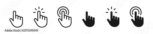 Hand click icon set featuring cursor hand gestures in outline and flat styles for user interface, interaction and navigation, vector illustration