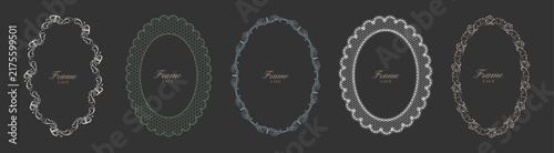 Lace frame template set. Horizontal vector collection of five oval vintage frames with delicate filigree, crochet mesh, and scalloped borders on dark background for wedding stationery.