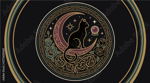 Magical black cat silhouette on purple crescent moon surrounded by mystic symbols, roses, and crystal ball in a gothic circle frame