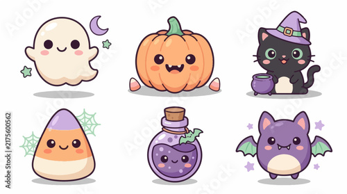 Collection of Cute Kawaii Halloween Elements Featuring Ghost Pumpkin Cat Potion and Bat Icons