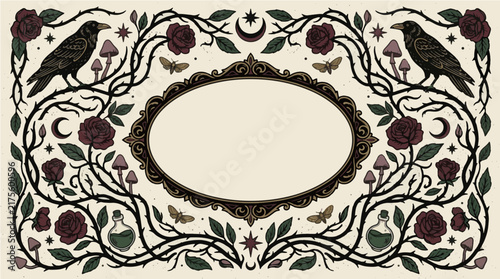Ornate gothic frame with black ravens roses thorns mushrooms and mystical elements in vintage dark academia illustration style