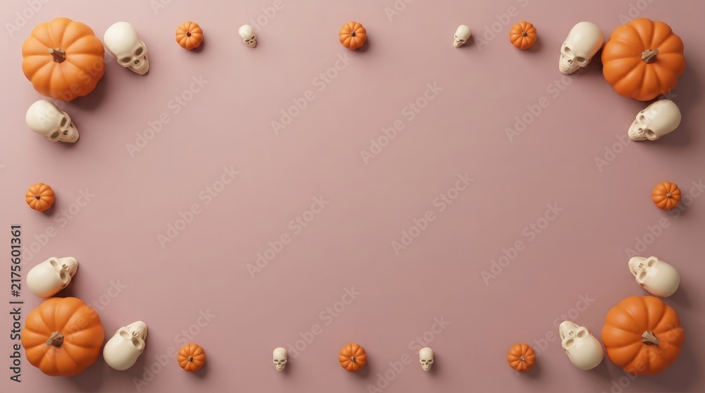 Fototapeta premium Rectangular frame of small orange pumpkins and human skull replicas on a dusty pink background, for halloween holiday, seasonal decoration