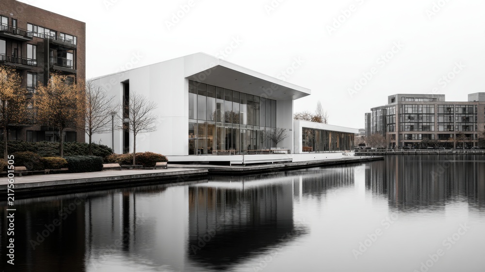 Fototapeta premium Modern architectural design near tranquil water landscape