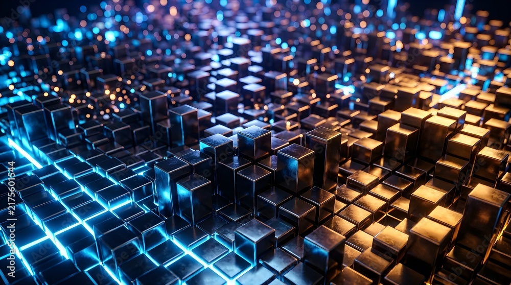 Fototapeta premium Futuristic abstract 3d digital landscape with metallic cubes and glowing circuit lines representing data flow and technological growth