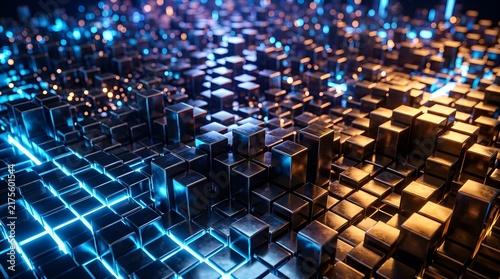 Futuristic abstract 3d digital landscape with metallic cubes and glowing circuit lines representing data flow and technological growth
