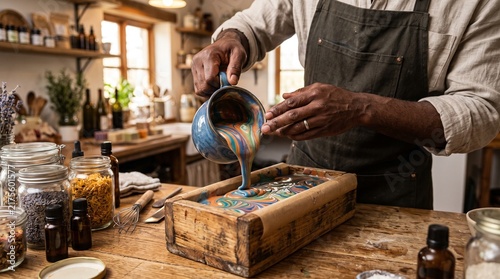 Artisan pouring melted wax into a wooden mold for candle making.