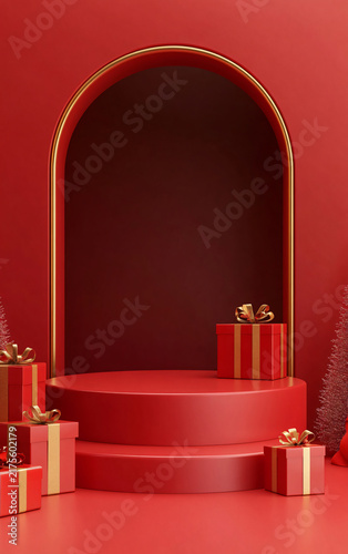 Red holiday gift display with arch and podium