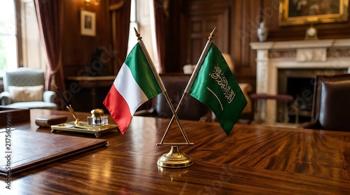 Italian and Saudi Arabian Miniature Flags on a Polished Wooden Desk in a Formal Diplomatic Setting