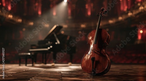 Classic Cello and Grand Piano on a Moody Concert Stage