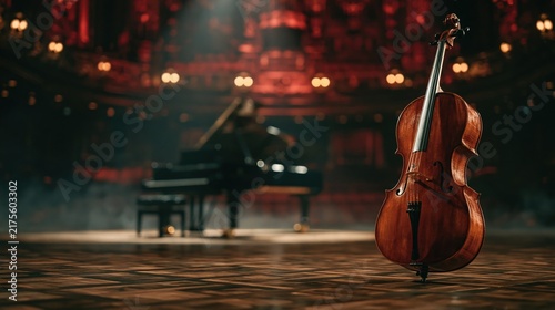 Classic Cello and Grand Piano on a Moody Concert Stage