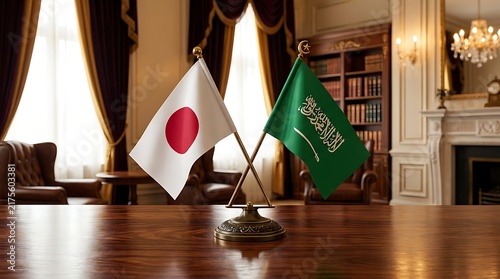 Japan and Saudi Arabia Small Desk Flags Crossed on Wooden Table in a Formal Office Room for Diplomacy