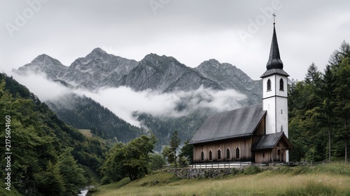 Serene Wooden Church Surrounded by Mountains and Misty Landscape