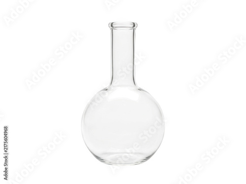 A clear glass laboratory flask with a narrow neck and rounded base stands alone on a neutral surface.