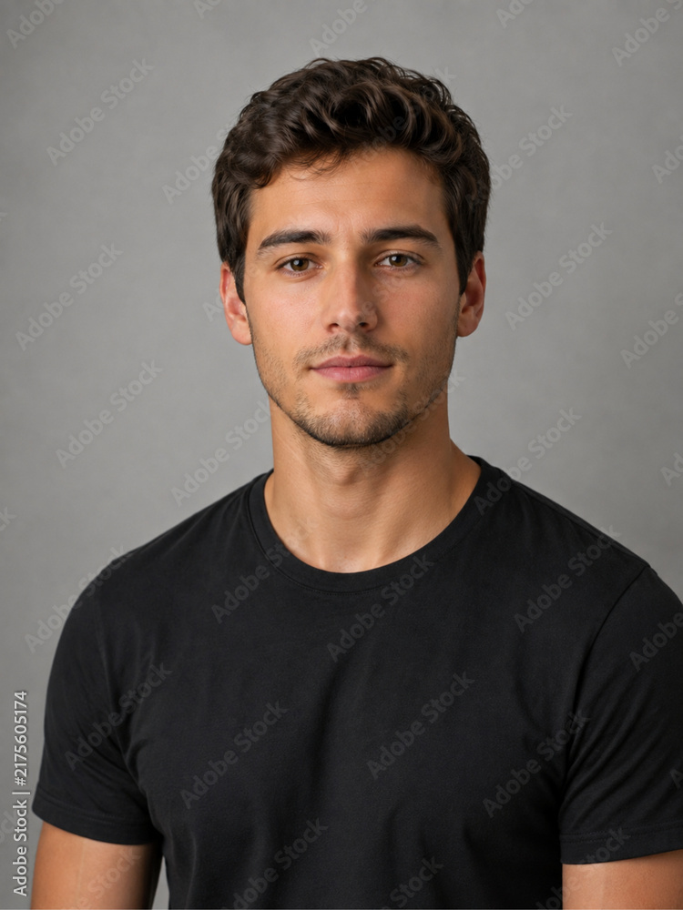 Obraz premium Portrait of a Handsome Young Man with Dark Hair and Stubble in a Black T-shirt Isolated on Transparent Background