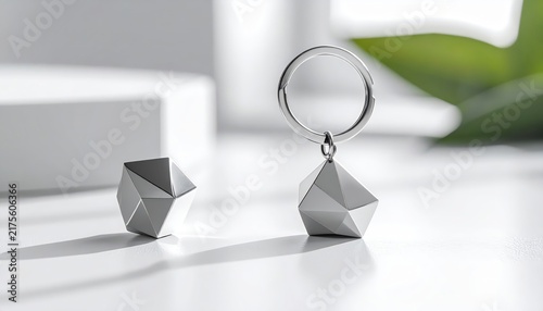Obraz na płótnie Modern geometric metal keychain on white surface.