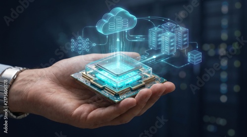 Obraz na płótnie Hand Holding Microchip with Cloud Computing and Data Server Holograms