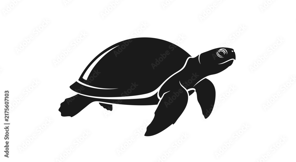 Fototapeta premium Minimalist black silhouette of a sea turtle swimming isolated on a white background.