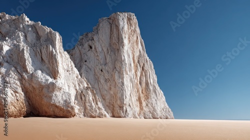 Stunning White Rock Formation Against Clear Blue Sky and Sandy Beach