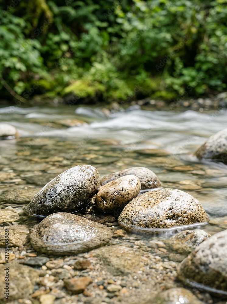 Obraz premium Clear flowing river water over smooth stones in a lush green forest.