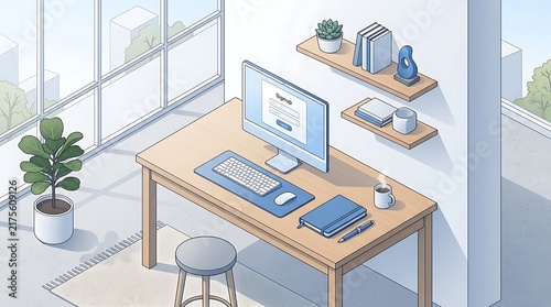 Isometric Workspace Interior with Computer Showing Signup Form Page on Desk in Clean Modern Home Office