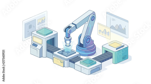 Isometric illustration of an automated robotic assembly line in a modern factory.