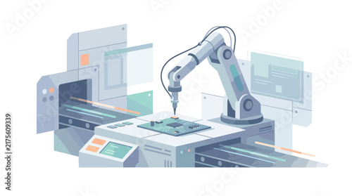 Automated Robotic Arm Performing Precision Assembly on Electronic Circuit Board.