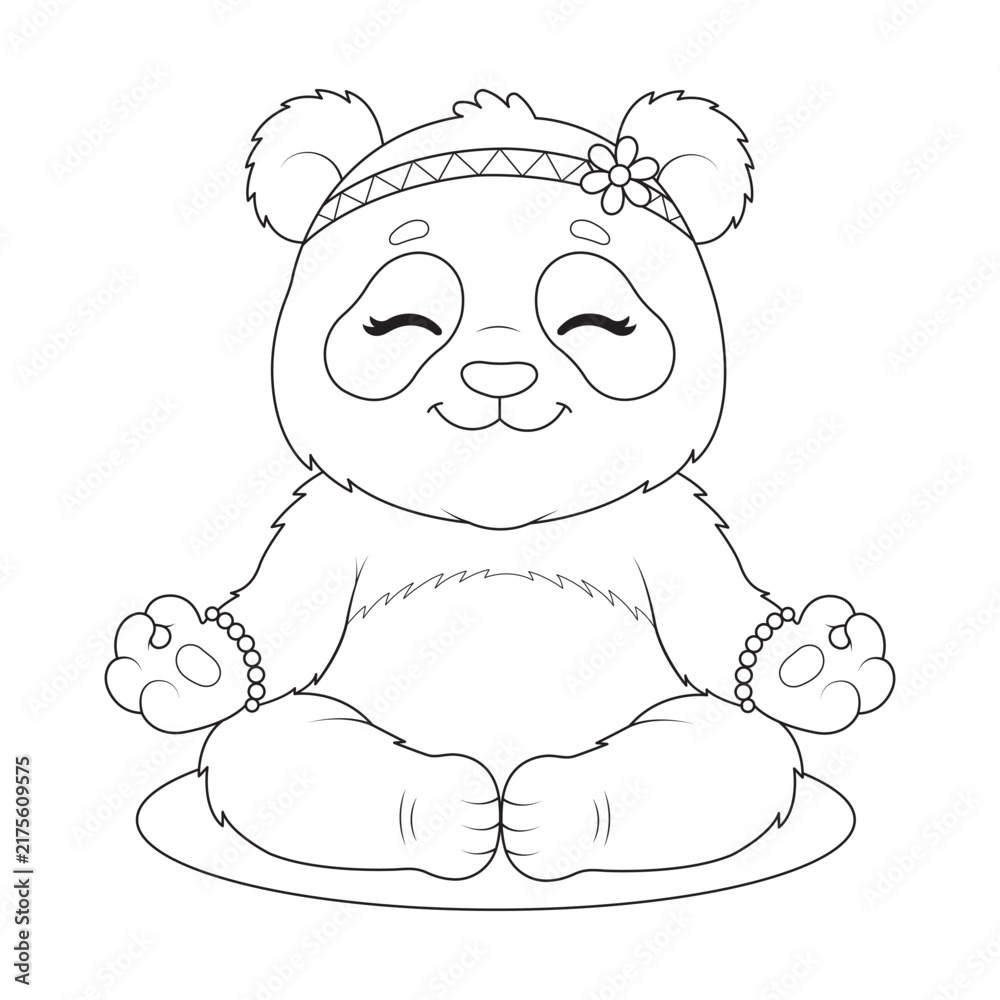 Fototapeta premium Cute line art vector illustration of a panda meditating in a yoga pose with a floral headband