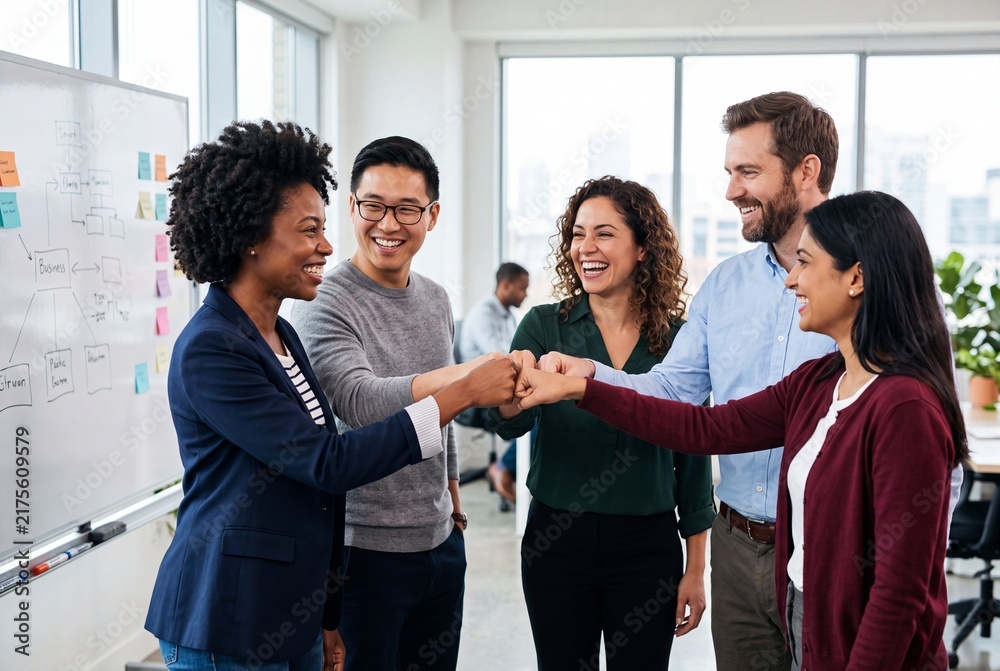 Obraz premium Diverse Business Team Celebrating Success with Fist Bump in Office Meeting