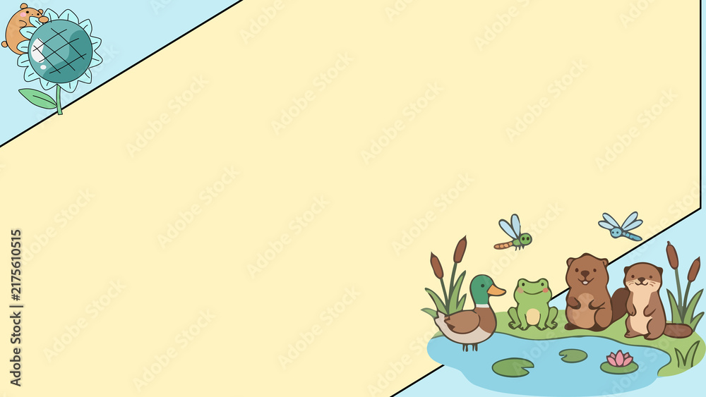 Fototapeta premium Cute pond animals background, cartoon marsh wildlife illustration, pastel nature frame for kids, beaver and duck pond scene