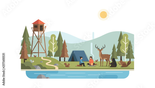 Cozy campsite in the forest near a lake featuring people sitting by the campfire, animals, a tent, and a watchtower.