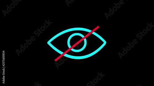 A cyan outline of an eye with a red diagonal line crossing it, representing hidden or restricted vision against a black background.