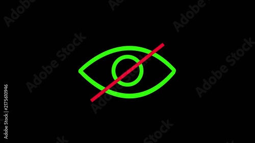 Neon green eye symbol with a red diagonal line across it indicating no visibility or privacy mode on a black background.