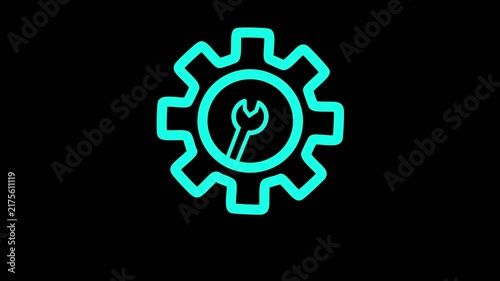 Cyan outline of a gear with a wrench inside symbolizing mechanical settings or technical service on a black canvas Keywords: gear, cog, wrench, spanner, tool.